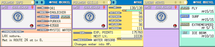 Eaglecker, a Water/Flying-type Pokémon with Fly, Surf, Extremespeed, and Ice Beam