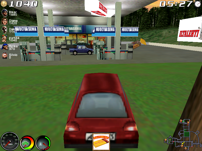 A screenshot of a gas station. There's a blue car and a huge, floating bag of rye bread.