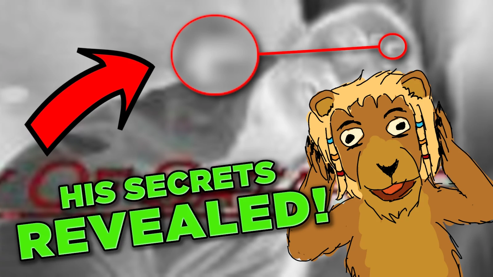 YouTube clickbait thumbnail-esque image with a red circle pointing towards an unclear detail, Purkka holding their paws on their head with a shocked expression, and green text reading 