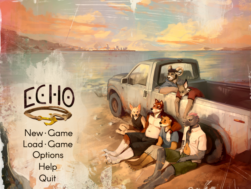 The title screen of Echo. Six furries sit leaning on a car next to a beach.