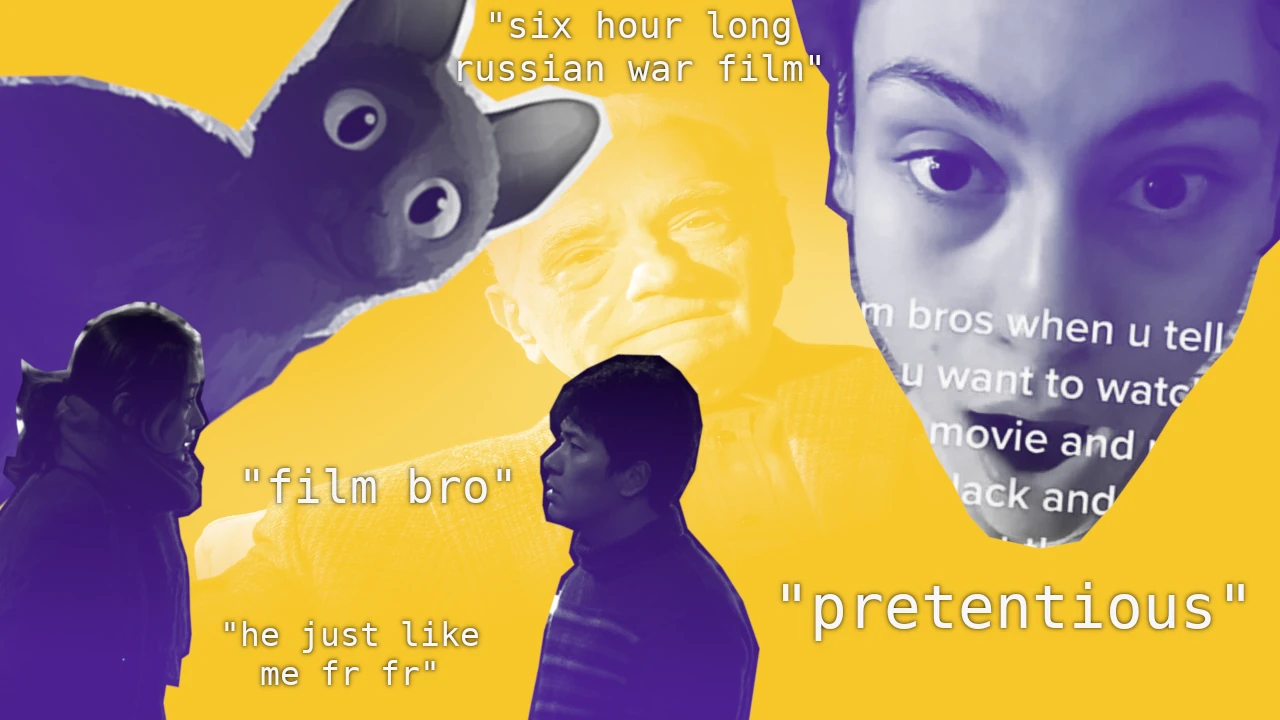 A yellow-and-purple graphic with floating text reading