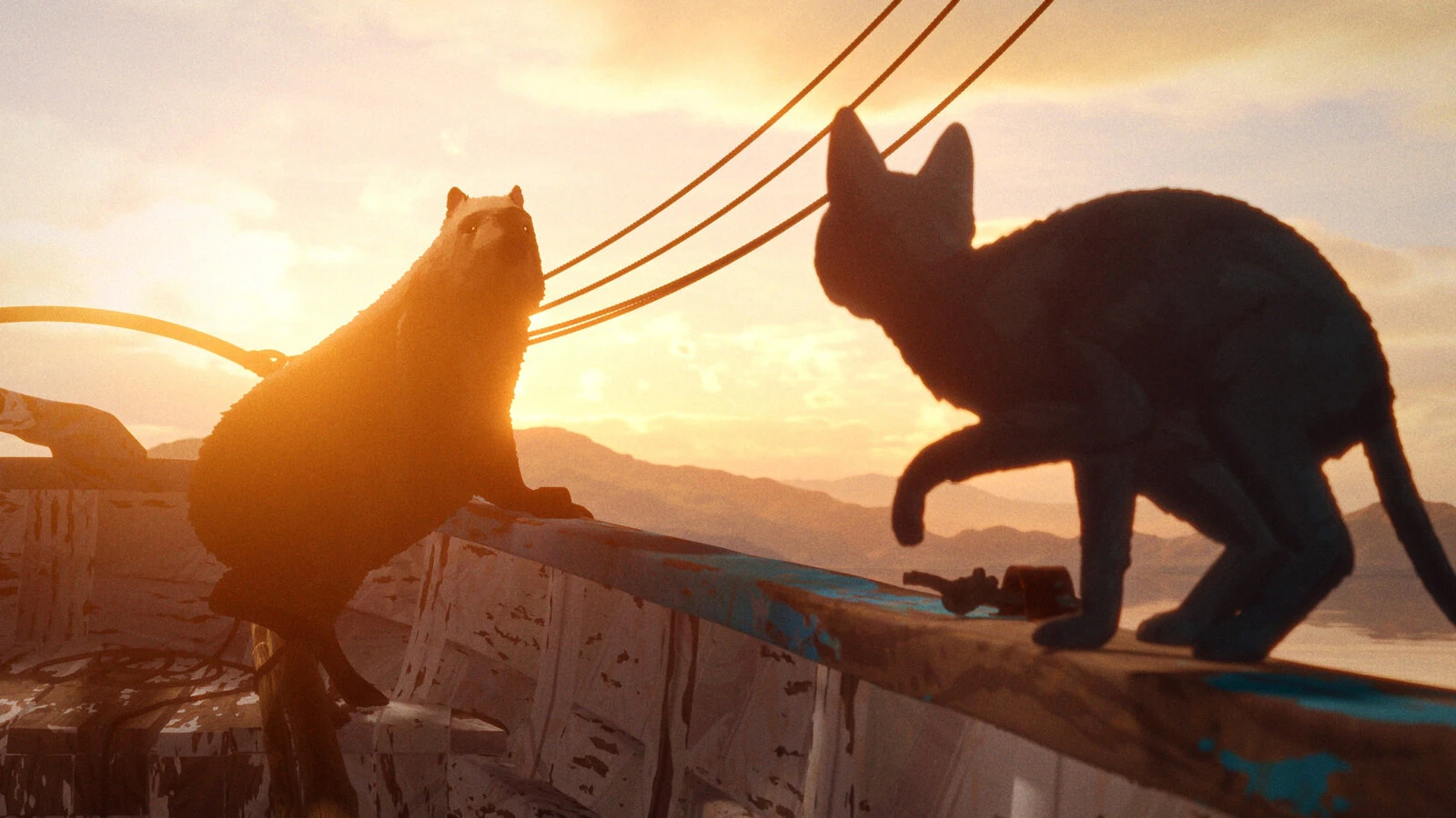 A capybara on a boat, with a black cat hesitantly approaching. The setting sun provides harsh orange light.