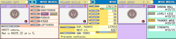 Ghasterror, a Ghost/Normal-type Pokémon with Shadow Ball, Lovely Kiss, Thunder Wave, and Strength