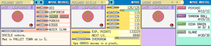 Screenshot: Leaforese, a Grass/Psychic-type Pokémon with Psychic, Shadow Ball, Giga Drain, and Glare
