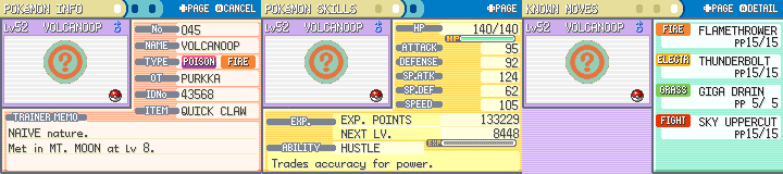 Volcanoop, a Poison/Fire-type Pokémon with Flamethrower, Thunderbolt, Giga Drain, and Sky Uppercut