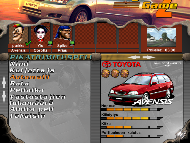 A picture of the player selecting a red car with great stats.