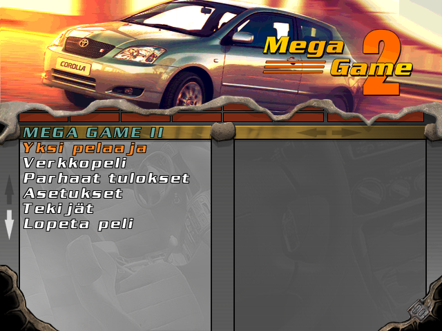 The titlescreen of Mega Game II, featuring a photo of a car.