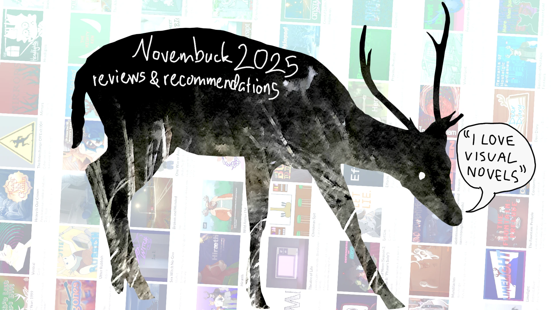 silhouette of a deer on top of an itch.io view showing various jam submissions, with text reading: Novembuck 2025 reviews & recommendations (