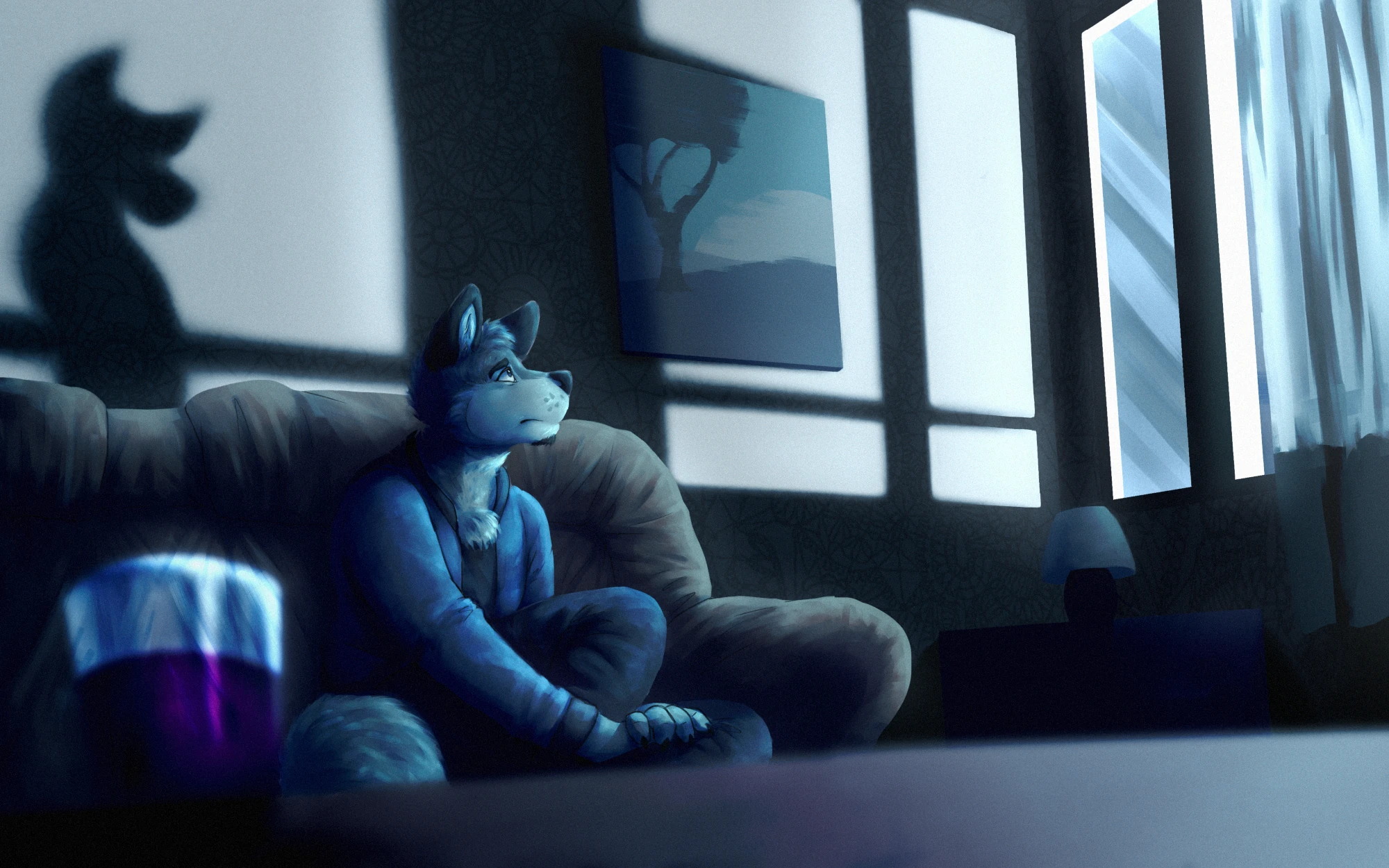 An illustration with a melancholic atmosphere. A canine sits on a couch, with a distorted shadow behind them. It is nighttime; light is shining through the window.