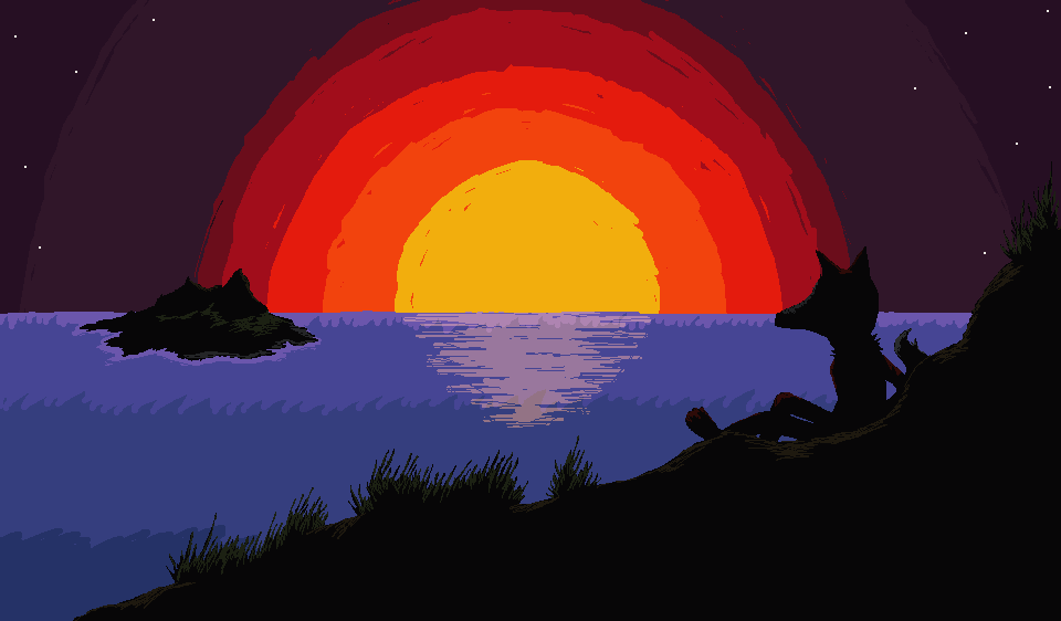 Kuvituskuva. Auringonlasku. Kettu istuu rinteellä, merellä näkyy saari.
